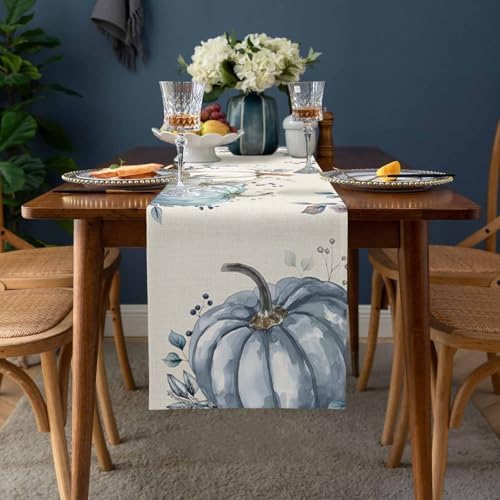 Fall Pumpkin Table Runner Dresser Scarf 18 x 72 Inch White Blue Leaves Rustic Table Runners Non-Slip Heat Resistant Kitchen Dining Table Decor for Autumn Thanksgiving Holidays Indoor Outdoor
