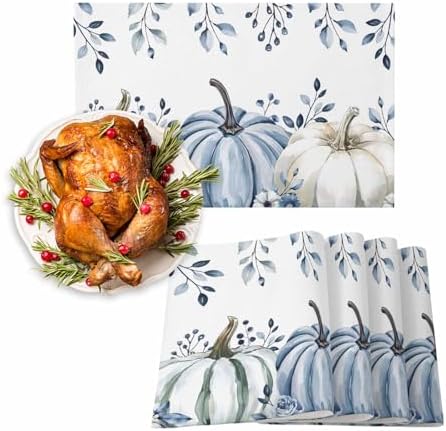 Fall Placemats Set of 6, White Blue Pumpkin Place Mats Blue Eucalyptus Leaves Tablemats Harvest Thanksgiving Placemat Table Decoration for Kitchen Table Holiday Dinner Party Autumn Home Decor