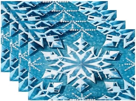 Batmerry Blue Winter Snowflakes Placemats, Seamless Blue Abstract Geometric Washable Linen Table Mats for Kitchen Table Double Insulation Decor Dining Set Indoor Outdoor 12X18 in Set of 4