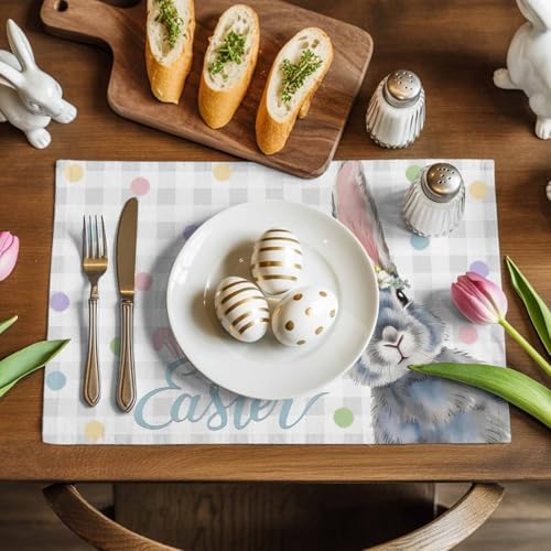 Easter Placemats Set of 6, Floral Bunny Place Mats Washable Dining Table Mats Spring Holiday Party Decor for Kitchen&Linens Outdoor Indoor, Polka Dots Grey Buffalo Plaid
