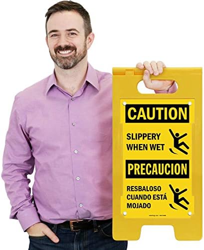 SmartSign - SF-0193-FB-25x12 "Caution - Slippery When Wet" Bilingual Folding Floor Sign | 25" x 12" Plastic Black on Yellow