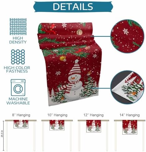 Christmas Cartoon Snowman Table Runner Dresser Scarf 13 x 36 Inch Holly Bird Pine Tree Snow Red Table Runners Non-Slip Heat Resistant Kitchen Dining Table Decor for Winter Holidays Indoor Outdoor