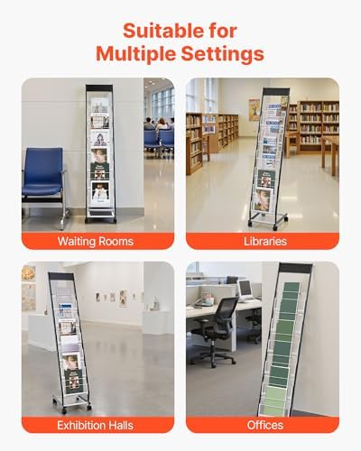 VEVOR Brochure Display Rack, Narrow 6-Tier Magazine Literature Display Stand with Wheels, Metal Floor Standing Magazine Rack, Movable Newspaper Catalog Holders for Shop Exhibitions Office (6 Pockets)