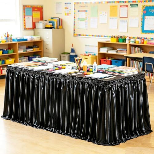 Wish Care 9ft Black Satin Table Skirt for Rectangle Tables Wrinkle Free Teacher Desk Skirt Glitter Ruffle Table Skirting Cloth for Back to School Classroom Office Dorm Birthday Party Table Decor