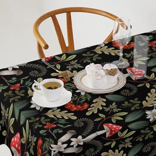 Autumn Mushroom Tablecloth, Rustic Vintage Farmhouse Mushrooms Fern Berries Leaves Botanical Print Table Cover for Outdoor Party Picnic Kitchen Dinning Table Decor 55x75in