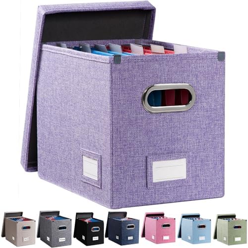 PRANDOM File Organizer Box - Set of 1 Collapsible Decorative Linen Filing Storage Hanging File Folders with Lids Office Cabinet Letter Size Purple (14x9.3x10.8 inch)