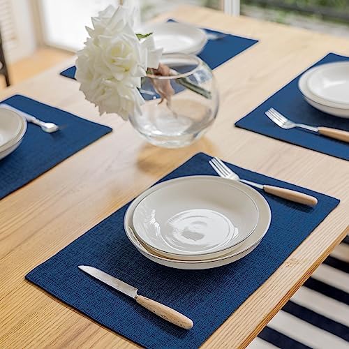 Demetex Cloth Table Placemats Heat Resistant Linen Place Mats Set of 4 Navy Blue Stains Resistant Plate Mats for Dinner Party Banquet, Indigo