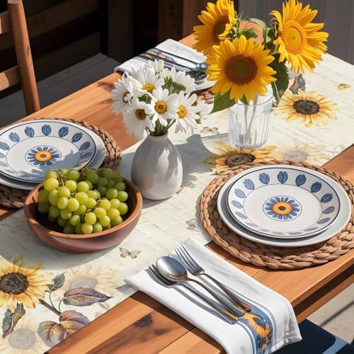 Farmhouse Sunflower Table Runner Dresser Scarf 13 x 120 Inch Vintage Yellow Flower Butterfly Botanical Table Runners Non-Slip Heat Resistant Kitchen Dining Table Decor for Home Holidays Indoor Outdoor