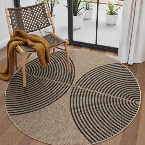 Lahome Modern Rainbow Round Rug, 6ft Easy Jute Brown Circle Patio Rug