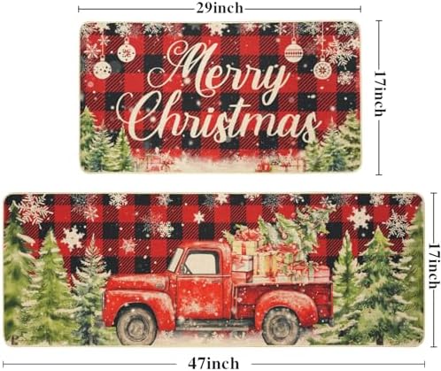 MEHOFOND Merry Christmas Kitchen Rugs Set of 2,Farmhouse Truck Red and Black Buffalo Plaid Kitchen Rugs,Winter Xmas Holiday Floor Mat,Snowflake Christmas Kitchen Decor 17 x 29 and 17 x 47 in
