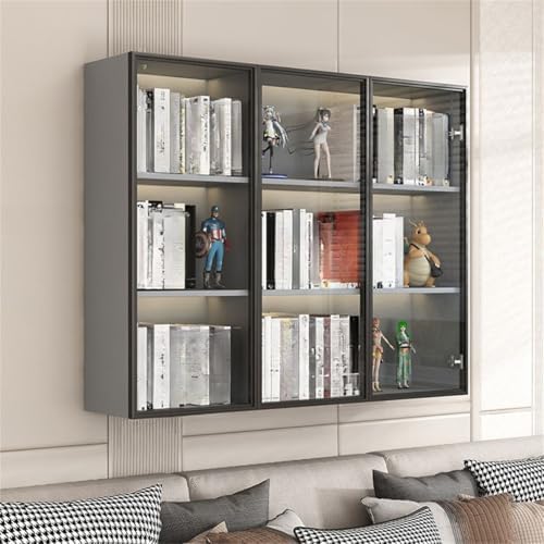 Wall Hanging Lateral Filing/Vertical Timber Wall Unit Transparent Glass Door Shelf Wall-Mounted Wood Bookcase Action Figure Model Storage Cabinet Display Case Grey 35" L x 10" W x 38" H