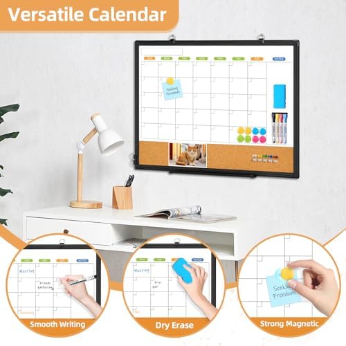 Calendar Whiteboard for Wall, 24" x 18" Dry Erase Month White Board Black
