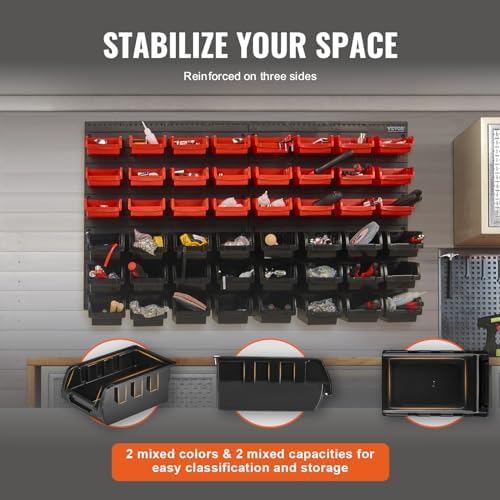 VEVOR 48-Bin Wall Mounted Storage Bins Parts Rack Organizer Garage Shop Tool Organizer for Screws, Nuts, Bolts, Nails, Beads, and Small Hardware Parts, With Wall Panels