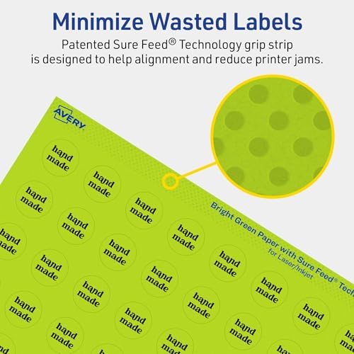 Avery® Printable Round Labels, Sure Feed® Technology, 3/4" Diameter, Bright Green Labels, Print-to-the-Edge, Laser/Inkjet, 800 Total, Great for Price Stickers and Mailing Seals