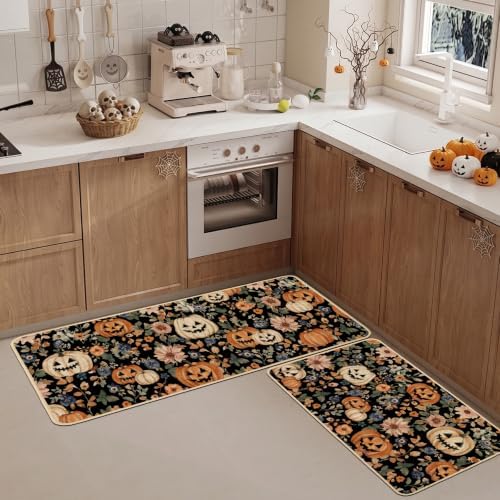 Baccessor Halloween Kitchen Rugs Set of 2, Spooky Pumpkin Floral Black Kitchen Mats Low-Profile Non Slip Washable Rugs for Floor Home Decor 17x29 and 17x47 Inch