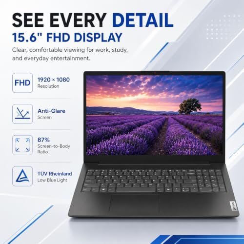 Lenovo 2026 V15 Slim Laptop | 15.6" Anti-Glare FHD Display | Intel Powerful Quad-Core Processor | 8GB DDR5 RAM | 256GB SSD | Wi-Fi 6 | RJ45 Ethernet | Long Battery Life | Win 11 Pro | MS 365 Web