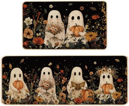 Baccessor Halloween Ghost Kitchen Rugs Set of 2,Spooky Pumpkin Fall Floral Black Mat Rug Indoor Outdoor Low-Profile Non Slip Absorbent Floor Mats for Home Party Holiday Decor 17x29 and 17x47 Inch