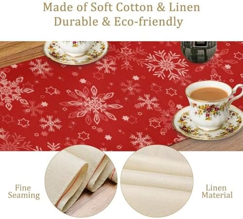 Red Snowflakes Christmas Table Runner, Seasonal Winter Holiday Kitchen Dining Table Decoration for Home Party Decor 13x120 Inch