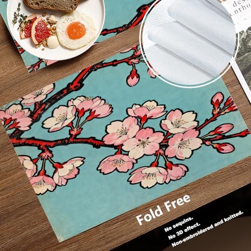 Batmerry Shabby Chic Cherry Blossom Linen Placemats Set of 4, Pink Floral Turquoise Background Washable Table Mats for Kitchen Table Thickened Heat Insulation Dining Set Indoor Outdoor 12X18 in