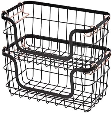 Amazon Basics Stackable Metal Wire Rectangular Storage Baskets for Kitchen, Bathroom or Pantry Organizing, 2 Count, Black
