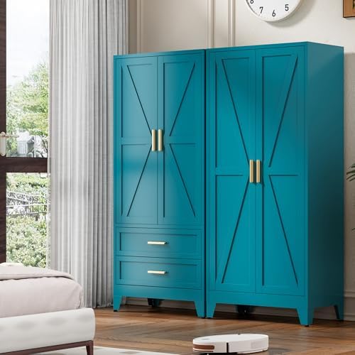 Washsemba 71'' Farmhouse Metal Wardrobe Cabinet with Hanging Rod, 2 Barn Door Wardrobe Closet with 2 Adjustable Shelves,for Dining Room,Bedroom,Living Room, Cloak Room,Office (Peacock Blue)