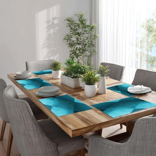 Batmerry Teal Modern Geometric Placemats, Vintage Washable Linen Table Mats for Kitchen Table Double Insulation Decor Dining Set Indoor Outdoor 12X18 in Set of 8