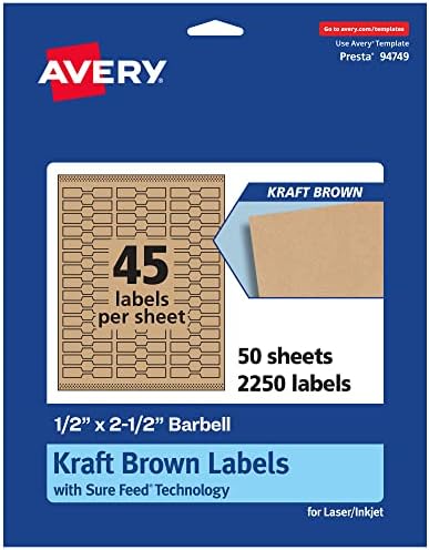 Avery® Kraft Brown Barbell Labels, Sure Feed® Technology, 0.5" x 2.5", 2,250 Kraft Brown Labels, Laser/Inkjet Printable