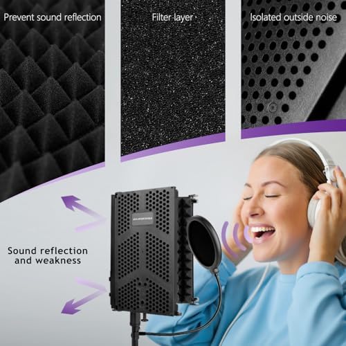 Microphone Isolation Shield, 3 Panels Sound Proof Mic Shield with Mic Stand and Pop Filter, High Density Absorbent Foam Mic Isolation Shield for Recording
