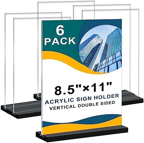 6Pack Acrylic Sign Holder 8.5x11 Vertical,Clear Sign Holder Double-Sided,Plastic Flyer Stand Menu Table Display Holders,Acrylic Paper Holder Plastic Picture Frames for Office Restaurants Show Fair