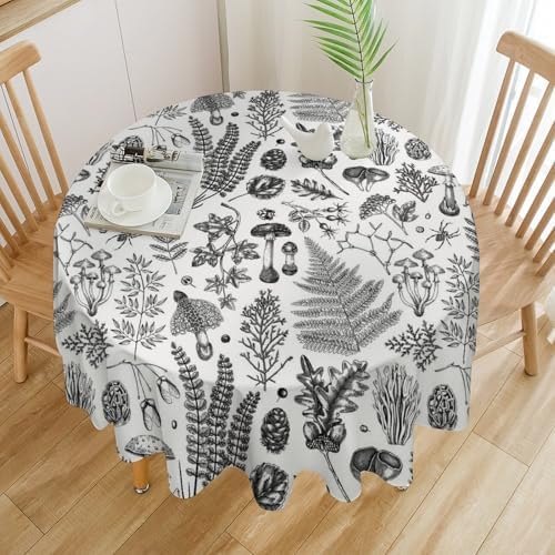 Vintage Mushroom Tablecloth, Black White Nature Forest Fern Leaves Autumn Plants Botanical Print Table Cover for Home Dining Decor Kitchen Party Outdoor, 60x60in