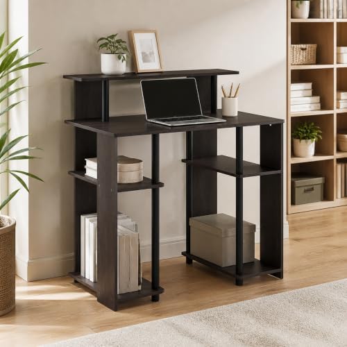 35.3 Wide Gaming Desk with Raised Hutch and Open Shelf, Simple Design Computer Writing Desk, Office Desk for Bedroom, Home Office, Walnut