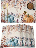 Fall Thanksgiving Placemats Set of 6, Watercolor Autumn Pumpkins Eucalyptus Leaves Heat Resistant Washable Linen Table Place Mats Party Holiday Decor for Home Kitchen Dining Outdoor Indoor,Blue Orange