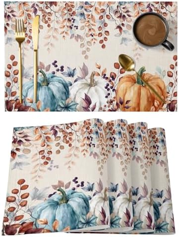 Fall Thanksgiving Placemats Set of 4, Watercolor Autumn Pumpkins Eucalyptus Leaves Heat Resistant Washable Linen Table Place Mats Party Holiday Decor for Home Kitchen Dining Outdoor Indoor,Blue Orange