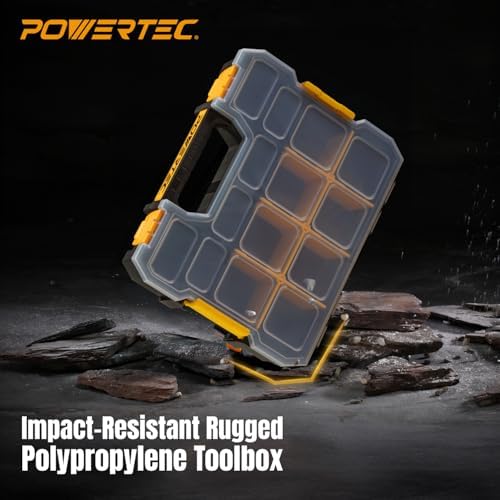POWERTEC Small Parts Organizer & Tool Box – 14 Compartments, Stackable Storage with Interlocking Latch, Removable Dividers, Clear Lid, Portable Design (72364)