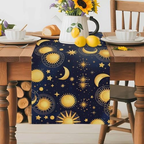 Fantasy Galaxy Table Runner Dresser Scarf 13 x 36 Inch Golden Planet Universe Sun Moon Stars Retro Table Runners Non-Slip Heat Resistant Kitchen Dining Table Decor for Home Holidays Indoor Outdoor