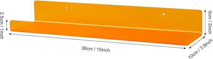 Dezzer 4 Pack Acrylic Shelves for Wall, 15" Acrylic Floating Shelves for Bathroom Bedroom, Invisible Bookshelf Wall Ledge Storage Shelf Books Perfume Toys Action Figure Display Shelves, Clear Orange