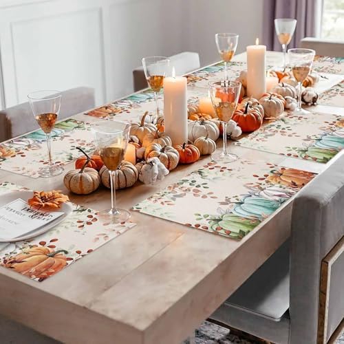 Fall Thanksgiving Placemats Set of 6, Autumn Pumpkins Eucalyptus Leaves Heat Resistant Washable Dining Table Mats Fall Holiday Farmhouse Decor for Kitchen&Linens Outdoor Indoor, Blue Sage Green Orange