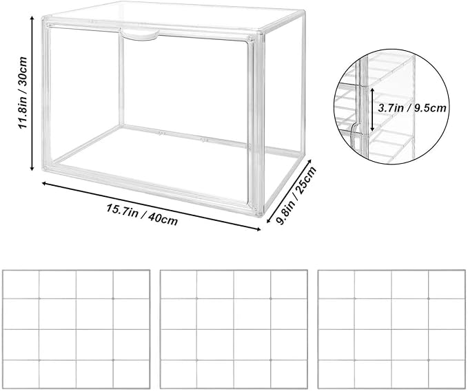 BOHOIDEE 4 Tiers Clear Acrylic Display Case for Closet, Purse Storage Organizers Box, Plastic Storage Bins with 3 Adjustable Divider and Magnetic Door