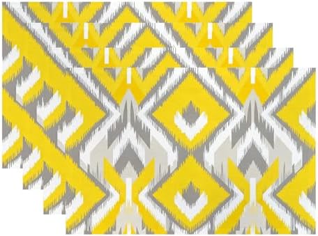 Batmerry Geometric Placemats,Retro Geometric Ikat Yellow Gray Pattern Woven Burlap Modern Linen Washable Insulation Table Mats for Farmhouse Placemats Set of 4