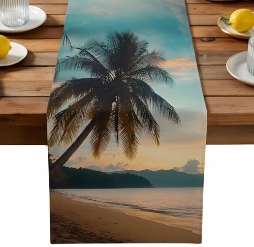 Sunset Beach Table Runner Dresser Scarf 13 x 120 Inch Tropical Coastal Ocean Palm Tree Nautical Table Runners Non-Slip Heat Resistant Kitchen Dining Table Decor for Home Holidays Indoor Outdoor