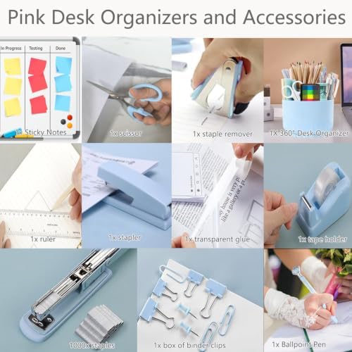 Office Supplies,School Supplies,Blue Desk Accessories,Desk Organizer,Scissors,Stapler,Tape Dispenser,Binder Clips,Staples,Staple Remover,Sticky Notes,Clear Tape,Pen,Ruler,Best Gift,11pcs