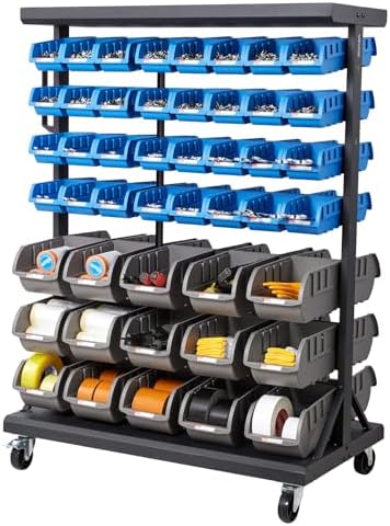 VEVOR 7-Tier Double-Sided Rolling Bin Storage Rack, 94 Plastic Bins, Dual-Sided Parts Organizer with Wheels, Mobile Tool Organizer for Garage, Warehouse, Office, Restaurant, Classroom, Kitchen