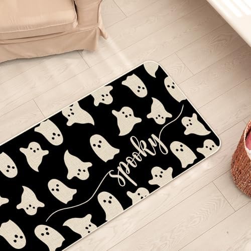 JarThenaAMCS Halloween Ghost Kitchen Mat Set of 2 Black Spooky Ghost Boo Kitchen Floor Mats Cute Non-Slip Door Rugs for Halloween Party Home Bathroom Entrance