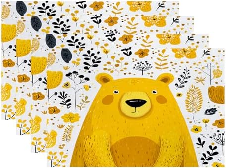 Batmerry Cute The Bear in Mineral Yellow Linen Placemats Set of 4, Floral Background Washable Table Mats for Kitchen Table Thickened Heat Insulation Dining Set Indoor Outdoor 12X18 in