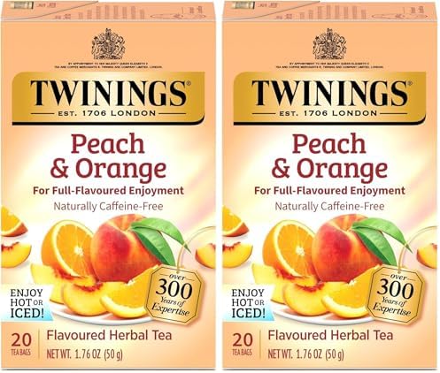 Twinings Peach & Orange Herbal Tea Individually Wrapped Bags, Juicy & Fruity, Naturally Caffeine-Free, Enjoy Hot or Iced, 20 Count (Pack of 2)