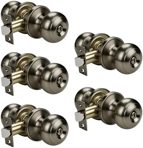 KNOBWELL 5 Pack Privacy Door Knob for Bathroom or Bedroom Door Knobs, Round Interior Door Knobs, Indoor Door Knob, Keyless Door Knob with Lock, Door Handle Lock, Antique Brass