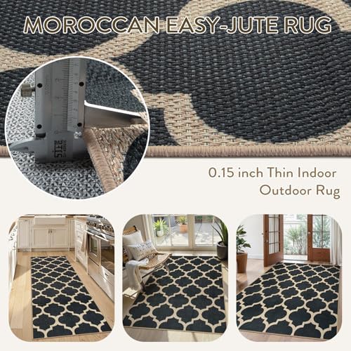 Lahome Moroccan Easy Jute Runner Rug 2x6, Black Outdoor Washable Runner Rugs for Porch Kitchen, Geometric Trellis Woven Long Carpet for Laundry, Thin Non Slip Farmhouse Porch Decor
