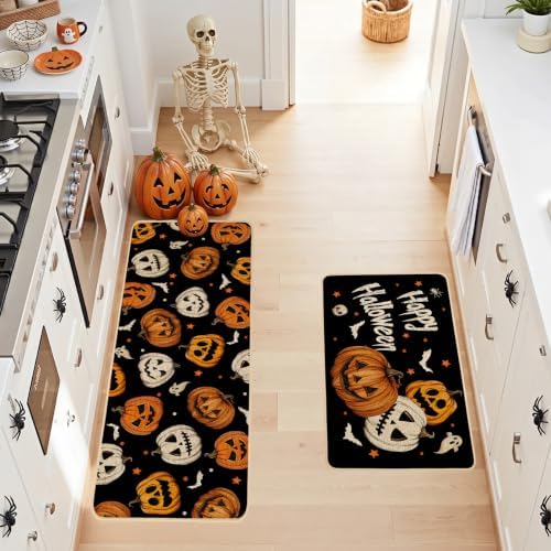 Baccessor Happy Halloween Ghost Kitchen Rugs Set of 2,Spooky Pumpkin Fall Black Mat Rug Indoor Outdoor Low-Profile Non Slip Absorbent Floor Mats for Home Party Holiday Decor 17x29 and 17x47 Inch