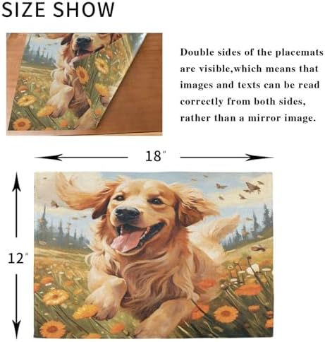 ALAZA Happy Golden Retriever in Flower Field 1 PC Placemats Rectangle Table Mat for Dining Table Restaurant Kitchen Home Decor, 12" x 18"
