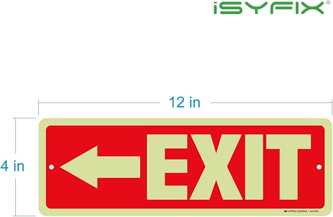 iSYFIX Exit Signs with Directional Left Arrow, Glow in the Dark, Photoluminescent Aluminum 12x4 Inch - 12 Pack, Laminated for UV & Weather Resistance, Ideal for Offices, Schools, Theaters & More